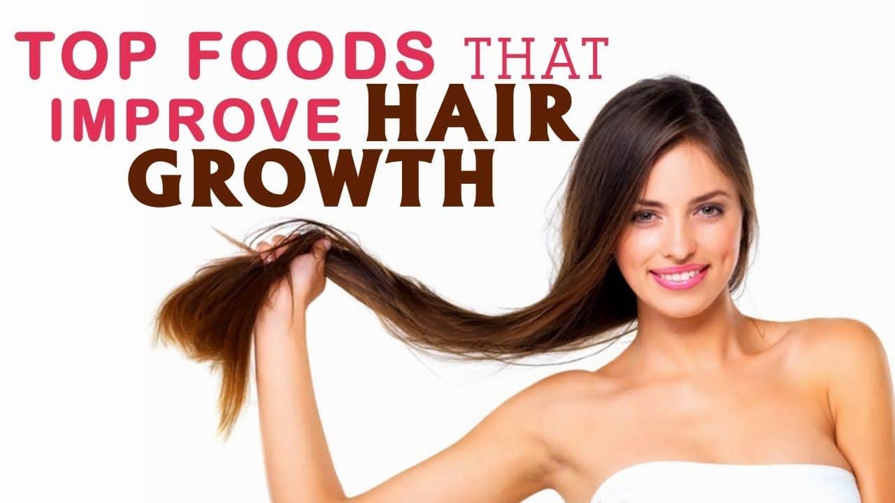 A woman with long brown hair smiles while holding her hair. The text above reads "Top Foods and Diet Tips to Grow Hair" in bold and colorful fonts. The background is white.