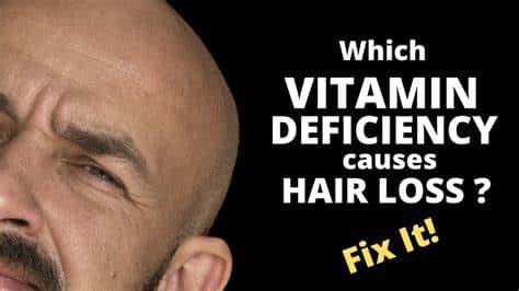 A bald man gazes upward with a concerned expression. The text reads, "Vitamins in hair loss: Which VITAMIN DEFICIENCY causes HAIR LOSS? Fix It!" on a black background.