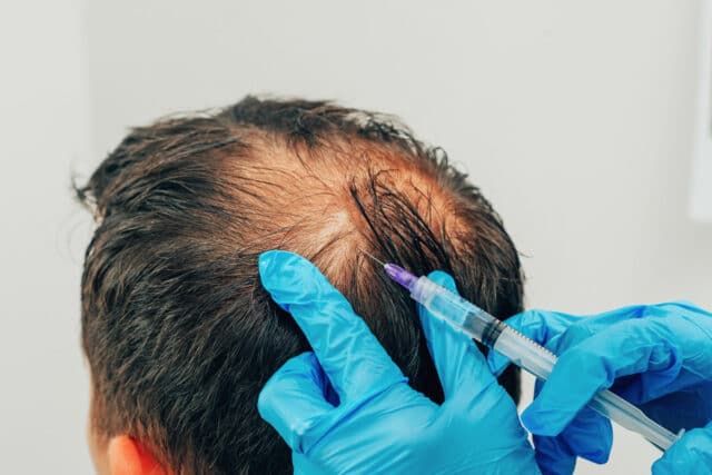 A person with thinning hair receiving a scalp injection. A gloved hand holds the syringe, administering the treatment. This is part of the mens hair transplant process.